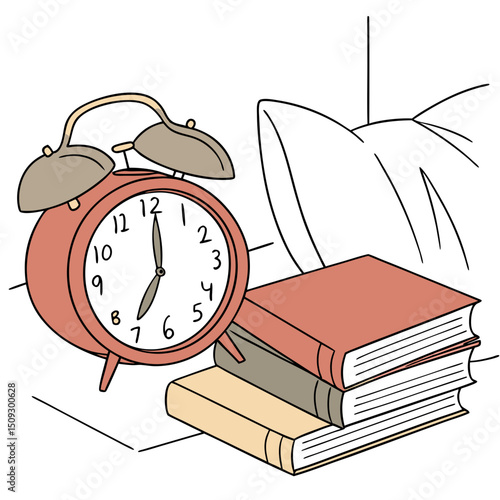 Alarm clock beside stacked books on a bedside table for cozy reading atmosphere, copy space