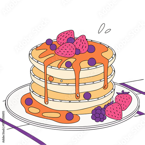 Vector illustration of a stack of pancakes topped with syrup and berries on a plate