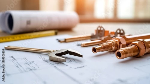Plumbing fittings and wrench on blueprint construction and renovation design