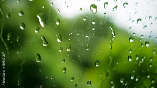 Wallpaper Mural Raindrops on glass with blurred green background on a rainy day Torontodigital.ca