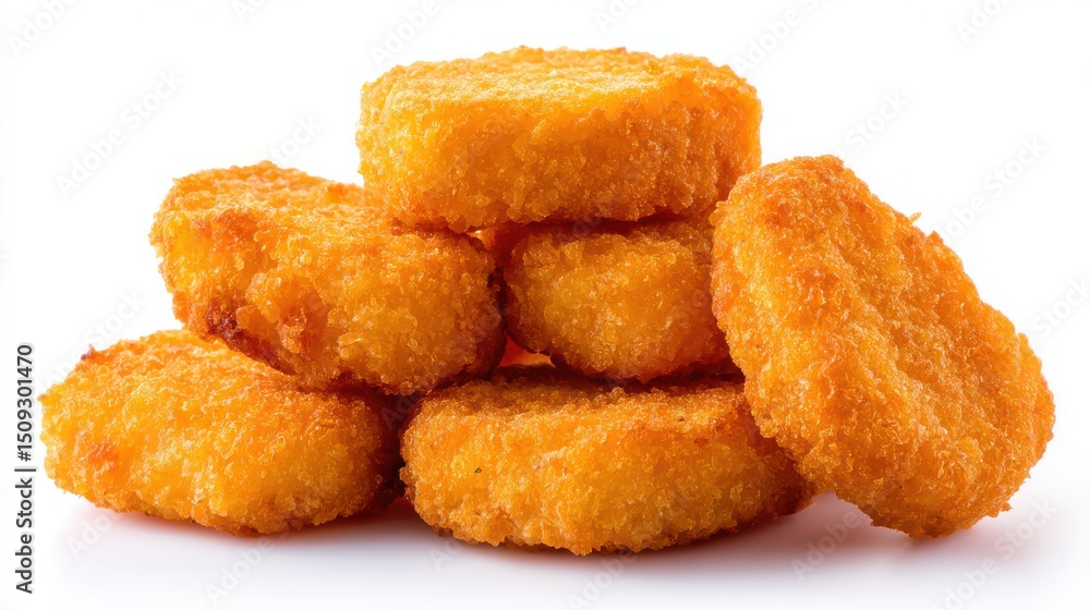 A delicious stack of crispy golden chicken nuggets is displayed on a clean white background. Perfect for sharing, dipping, or enjoying as a quick snack during any meal A delicious stack of crispy golden chicken nuggets is displayed on a clean white background. Perfect for sharing, dipping, or enjoying as a quick snack during any meal