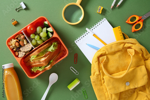 Canvas-taulu Healthy packed lunch for students: bento box with sandwich, grapes, and snacks, with school supplies and backpack