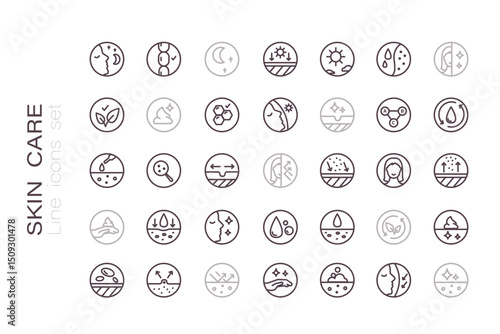 Skin care line icons set. Moisture cream, acid, anti wrinkle serum, collagen, retinol compound, sunscreen. Outline signs for routine skincare, products property. Editable Stroke.