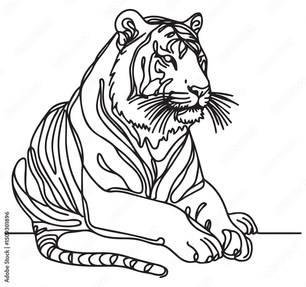 Obraz premium Captivating Continuous Line Art Drawing of a Majestic Striped Sitting Tiger Black and White Animal Illustration for Wildlife Design Decor