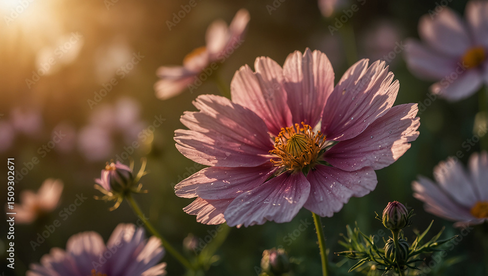 Obraz premium Cosmos flowers in the garden at sunset. Beautiful natural background. Created using generative AI tools