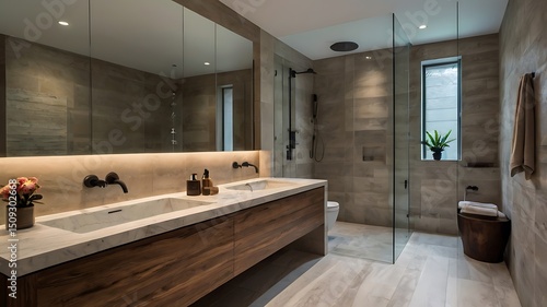 Exquisite bathroom design featuring dual vanity, walk-in shower, and natural elements