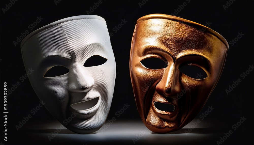 comedy and tragedy masks reflecting joy and sadness isolated on black background spot light comedy and tragedy masks reflecting joy and sadness isolated on black background spot light