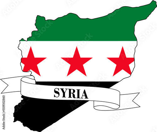 The map of Syria overlaid with the Syrian flag and its name written on a ribbon