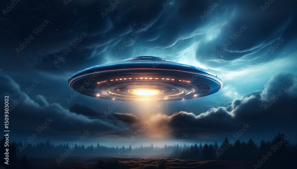 luminous ufo hovering in night sky amidst swirling storm clouds luminous ufo hovering in night sky amidst swirling storm clouds