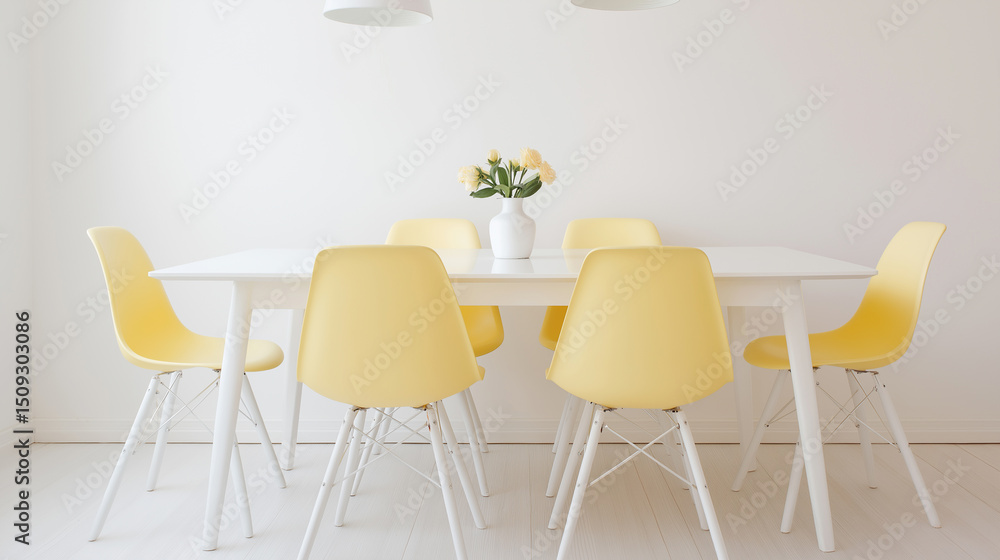 Fototapeta premium Bright modern dining room with yellow chairs, white table, pendant lights, and large windows letting in natural sunlight. 