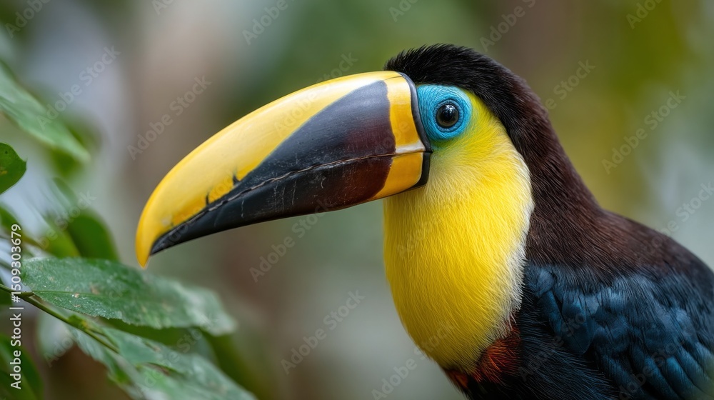 Fototapeta premium A toucan displays its colorful beak and feathers in a lush tropical environment, emphasizing the richness of wildlife and biodiversity. This moment showcases nature's beauty