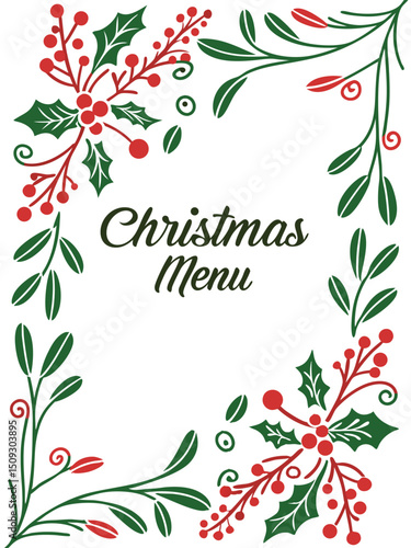 christmas menu, hand-drawn holiday ornament frame, holly leaves and berries, green foliage, red and green colors, decorative border, festive design, sketch style illustration
