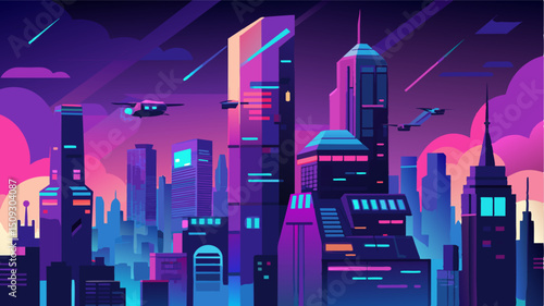 A city blanketed in a neonlit fog as thousands of flying taxis light up the air with their vibrant colors and futuristic designs.. Vector illustration