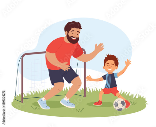 Happy father playing soccer with son Smiling dad acting as goalkeeper and cheerful boy kicking ball towards the goal Fun family outdoor activity Parenting time concept Vector illustration Father's day