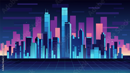 A cityscape with buildings made of shimmering pixels towering over a sea of data.. Vector illustration