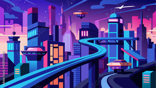 A futuristic cityscape with elevated highways for flying taxis navigating through tall buildings and passing over glowing neon adver.. Vector illustration