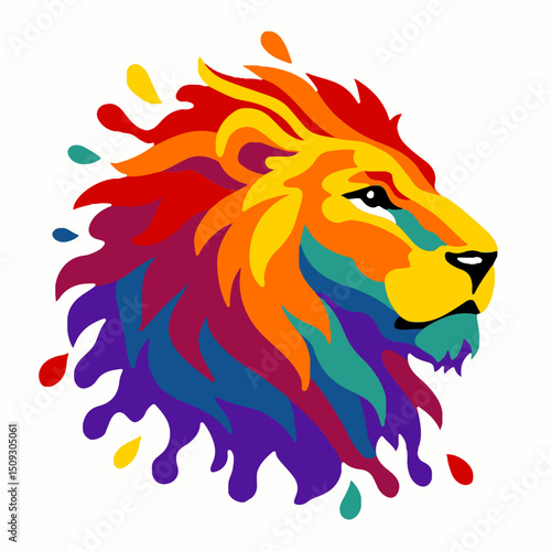 Vibrant lion head in bold rainbow colors with flowing layered mane, modern paper cut style on white background, symbolizing power and creativity

