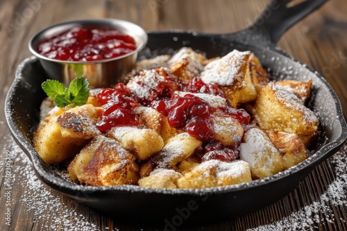 Kaiserschmarrn mit Puderzucker und Zwetschgenröster österreichisches Dessert Mehlspeise süße Pfannengerichte Alpenküche Hüttenschmankerl Kaiserschmarrn Rezept Foodfotografie Süßspeise Klassiker
