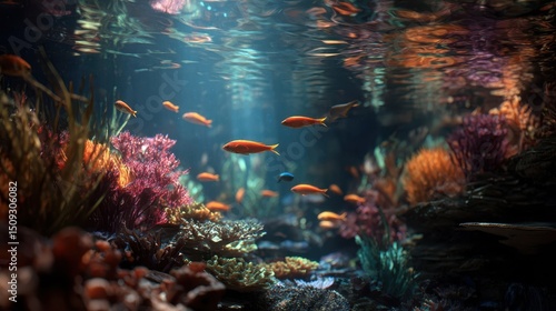 Colorful underwater scene with fish and coral.