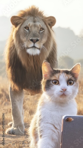 A curious cat and a majestic lion.