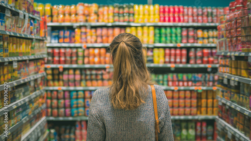 Woman standing in front of a fully stocked supermarket shelf filled with colorful snack packages.
