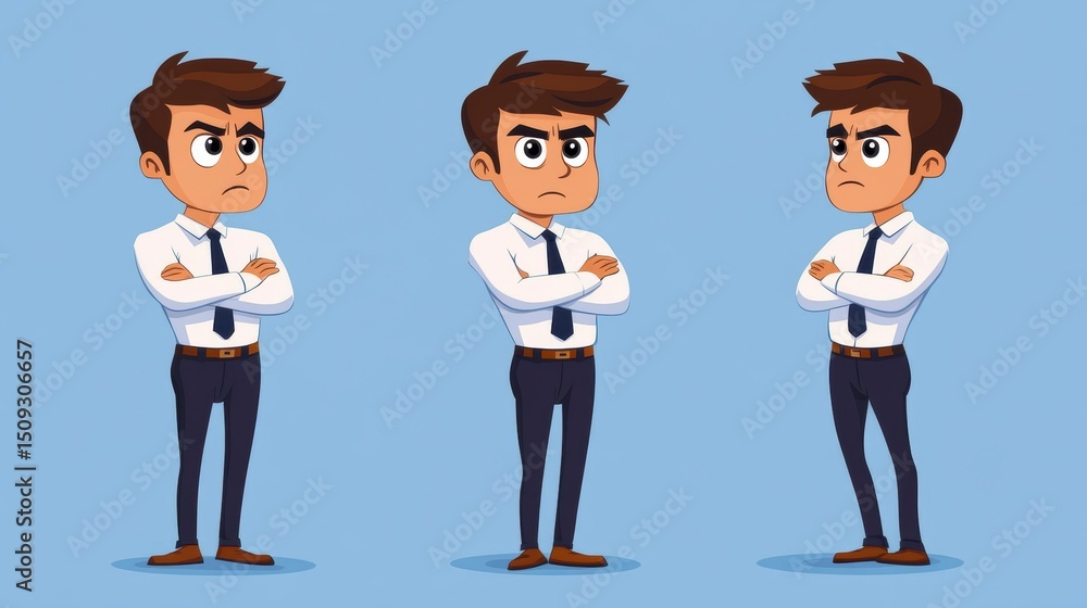 Fototapeta premium Three illustrations of a serious businessman with arms crossed, showcasing different poses.