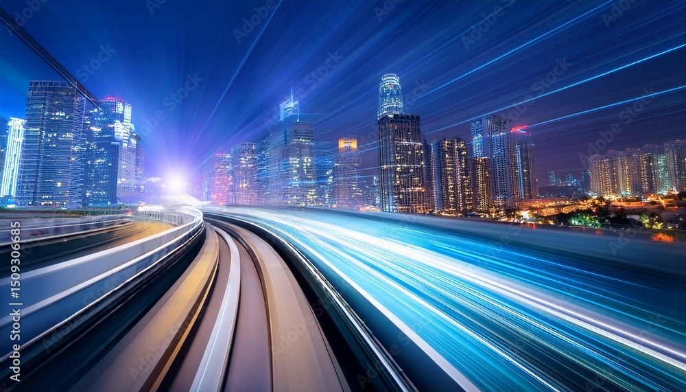 Fototapeta premium high speed train racing through modern cityscape at night with vibrant light trails and skyscrapers in the background