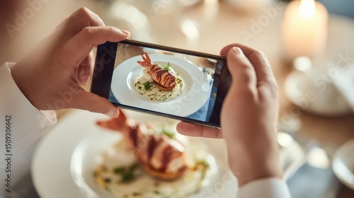 Person taking a photo of a gourmet dish with a mobile phone.