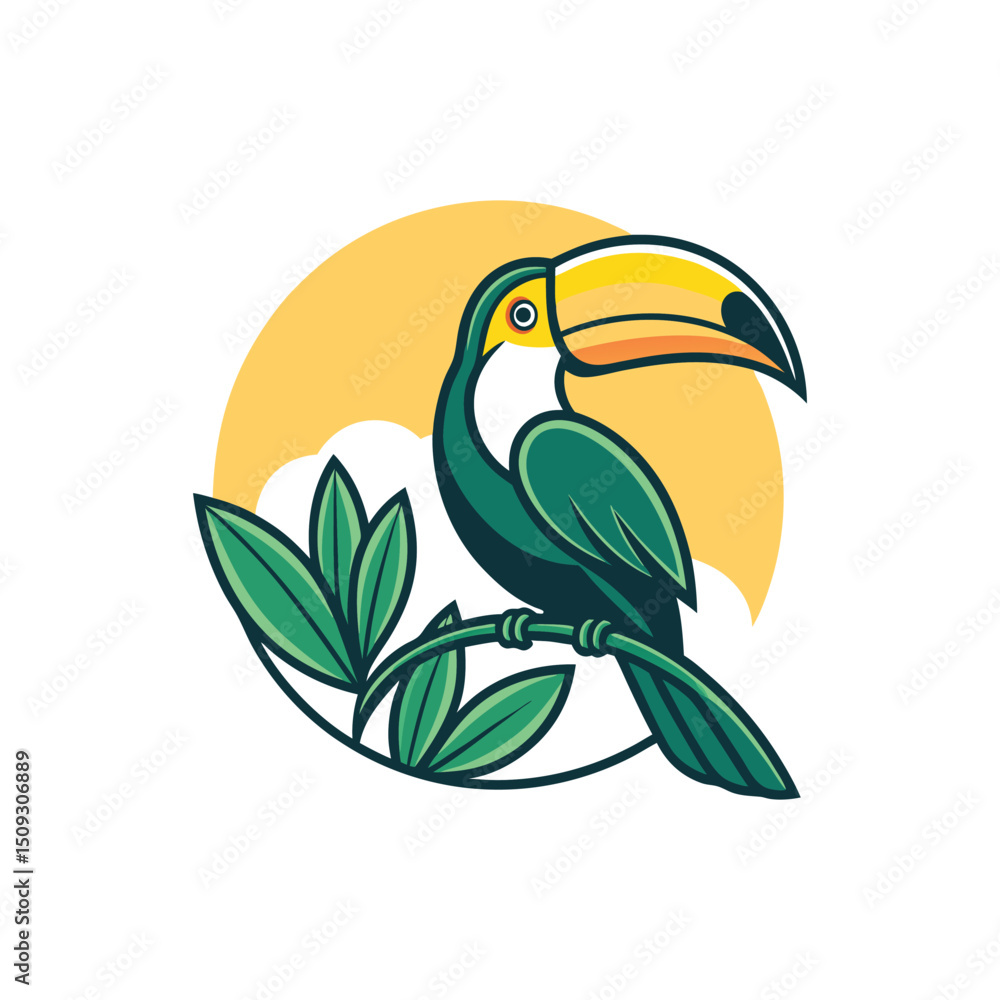 Obraz premium toucan on a branch toucan bird white background Toucan. Digital illustration for books and stories about animals. Simple, bright picture. 