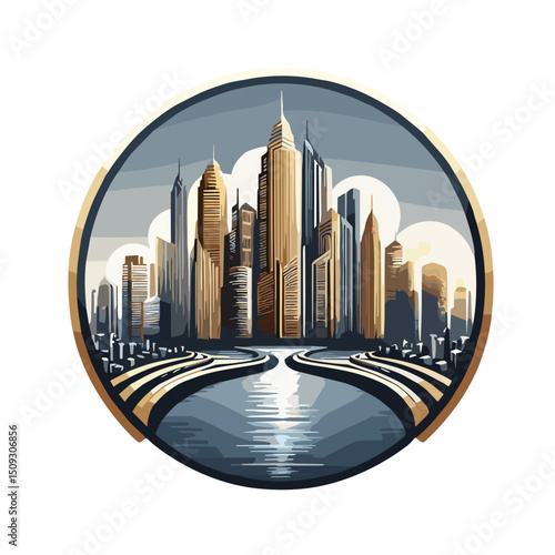 Modern city skyline with river and buildings in circular design  