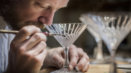 Artisan meticulously details a crystal glass.