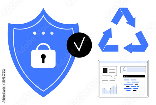 Shield with a lock, checkmark for security, recycling arrows, and web interface depicting analytics. Ideal for security, sustainability, data protection, recycling awareness, eco-friendly tech