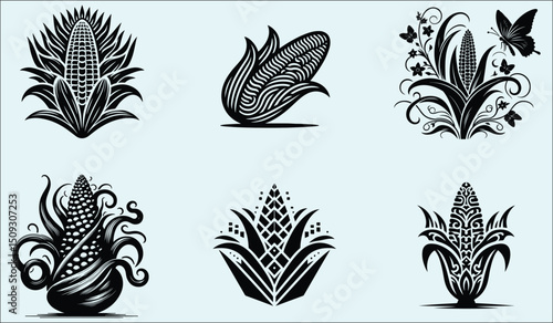 Black and White Corn Vector Illustration Set with Various Artistic Styles