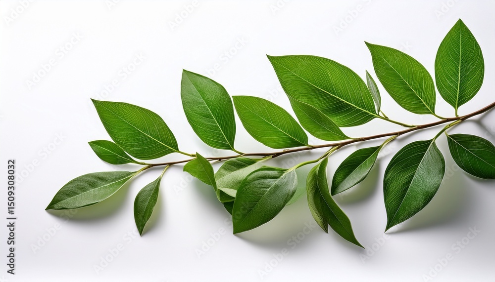 Naklejka premium a close up shot showcases a vibrant green sprig with several leaves delicately arranged against a stark white background the image emphasizes the freshness and detail of the plant s foliage