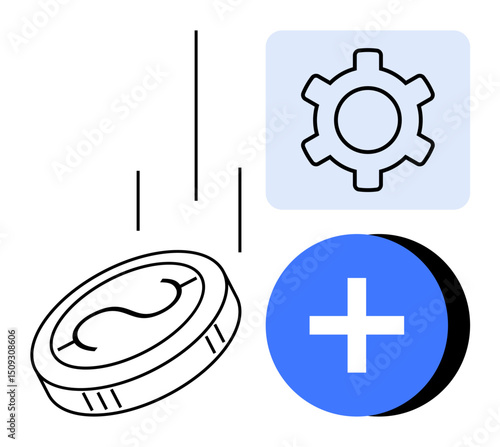 Coin dropping alongside gear and plus symbol, symbolizing financial investment, efficiency, and optimization. Ideal for finance, savings, technology, growth, improvement innovation and simple