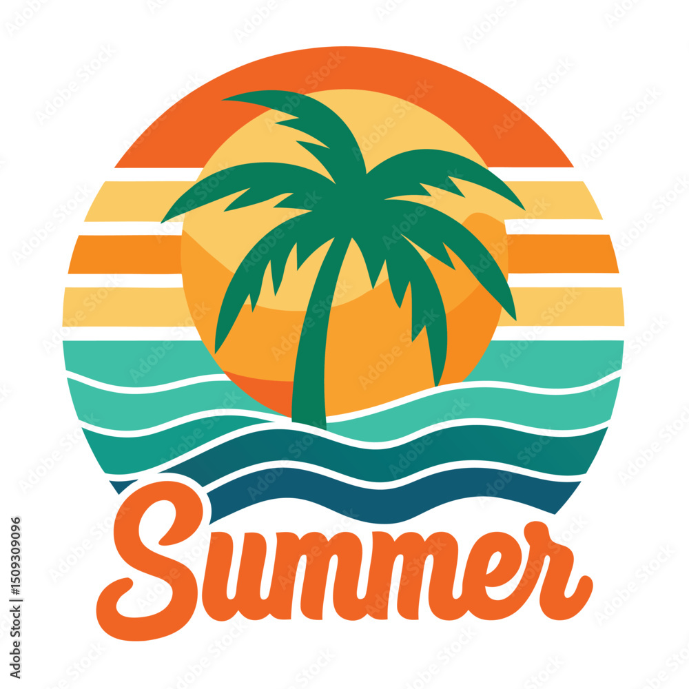 Obraz premium Surfboard logo with palm tree in wave-shaped sun graphic vector illustration