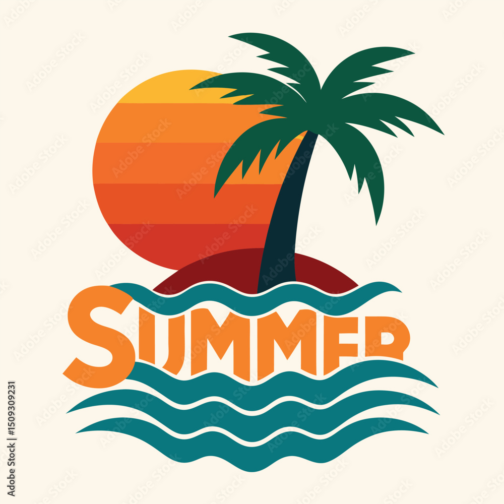 Obraz premium Surreal logo with floating palm tree in melting sun design vector illustration