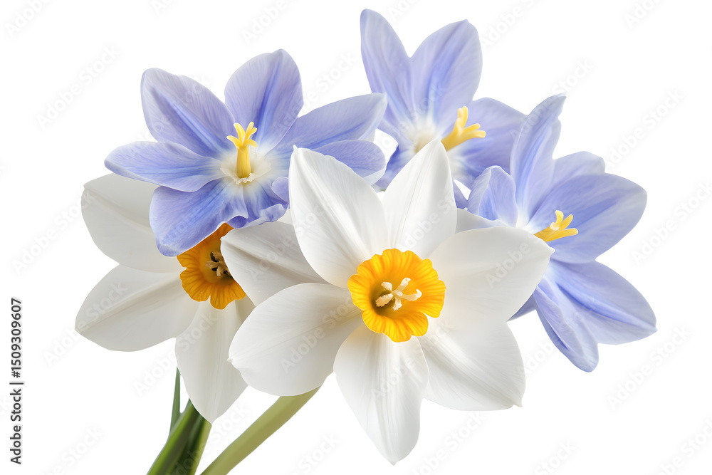 Naklejka premium White and blue flowers bouquet, studio shot, isolated, spring, floral design