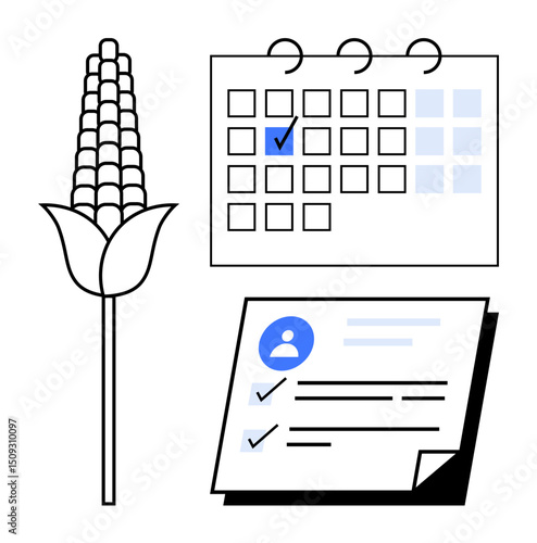 Corn plant next to calendar with checkmark and task checklist for organization, harvest planning, productivity tracking. Ideal for agriculture, sustainability, scheduling, management, workflow