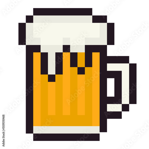 Vector pixel art illustration of a beer mug emoji in nostalgic 8 bit style. Foamy glass of beer, perfect for Oktoberfest posters, bar and pub menus, party invitations, retro games, digital stickers
