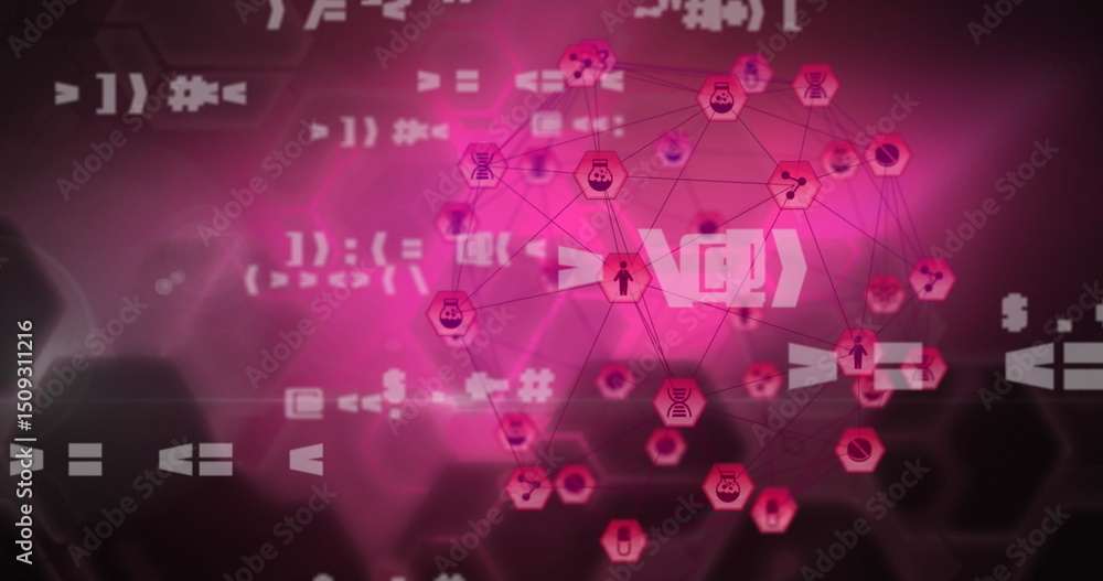 Obraz premium Multiple changing symbols and globe of digital icons against hexagonal shapes on pink background