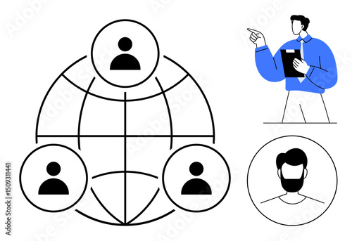 Network of interconnected individuals on a globe with a leader holding documents, explaining ideas. Ideal for teamwork, leadership, communication, organization, global networking, relationships