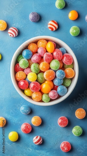 Colorful assortment of gummy candies in a bowl on a blue surface with scattered sweets around