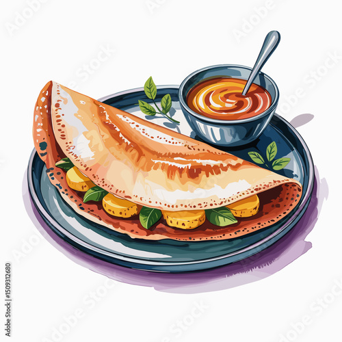 Masala Dosa with Potato Filling – Watercolor Style