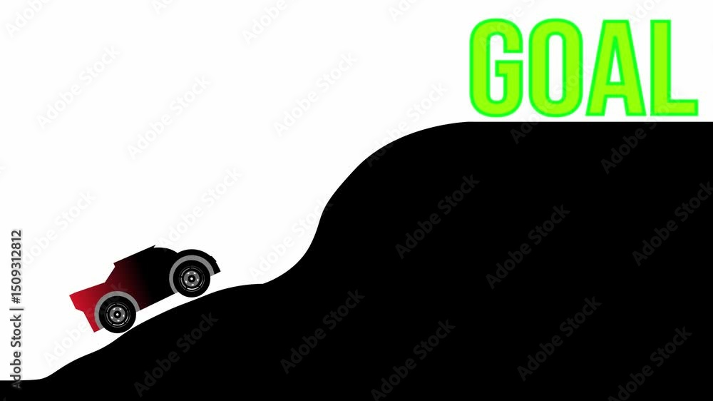 Business goal animation.  A car that moves up a mountain with difficulty and finally succeeds, depicts a difficult business journey and finally succeeds in becoming a winner.