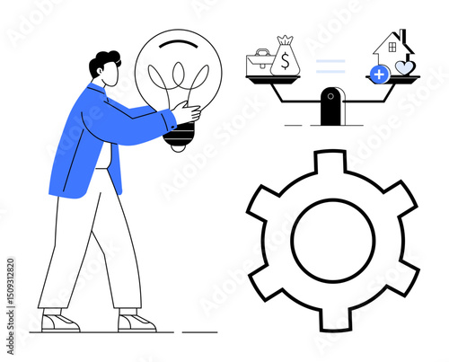 Person carrying lightbulb, scales weighing money and health, large cogwheel. Ideal for innovation, decision-making, balance, brainstorming, work-life balance, progress simple landing page