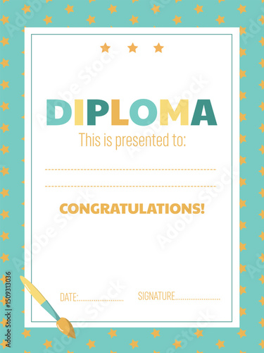Cute diploma for a little first grade graduate with greetings and a brush