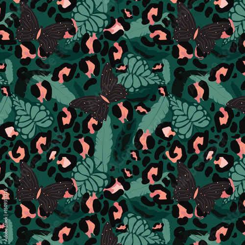 Seamless pattern of leopard skin and butterflies, vector illustration for fabric, fashion, background and wallpaper designs