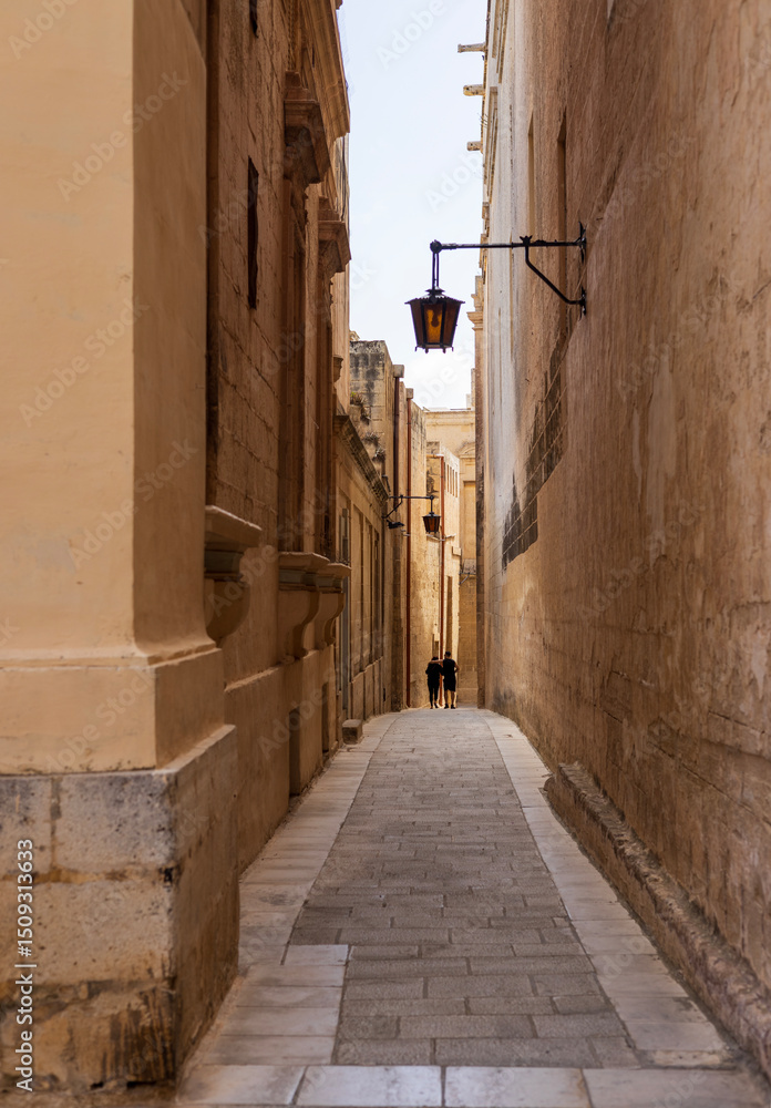 Obraz premium Narrow alleyway in the old city of Mdina with traditional lanterns, ragged limestone houses and tranquil atmosphere, Maltese Islands.