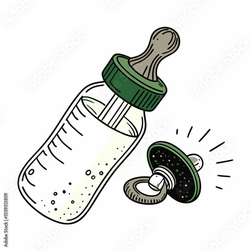 Baby bottle and pacifier for infant care essentials, copy space
